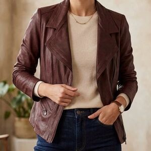 VEX COLLECTION Burgundy Oxblood Faux Leather Waterfall Drape Jacket Moto